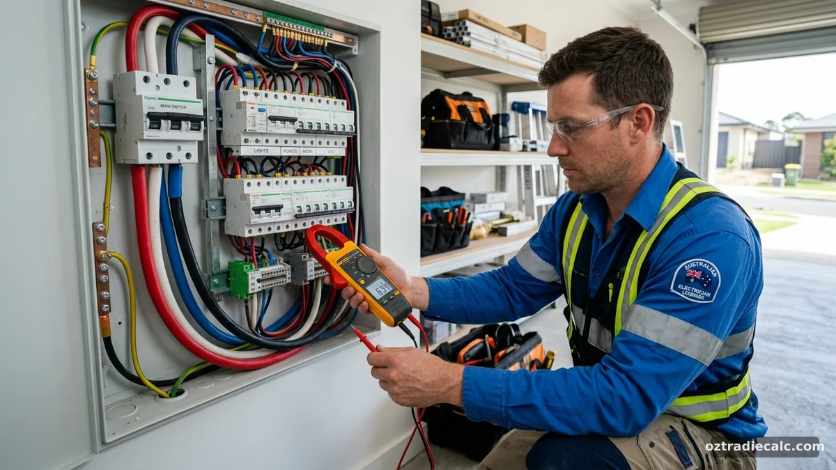 Australian licensed electrician testing maximum demand current with a clamp meter at a residential switchboard