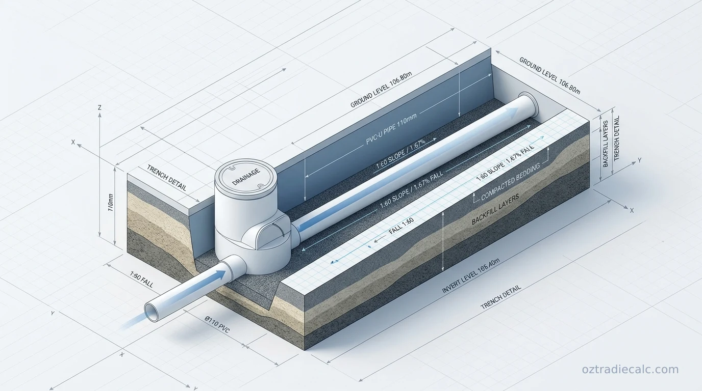 Underground PVC drainage pipe isometric diagram showing 1:60 fall slope gradient, trench bedding, and invert level details under AS/NZS 3500.2