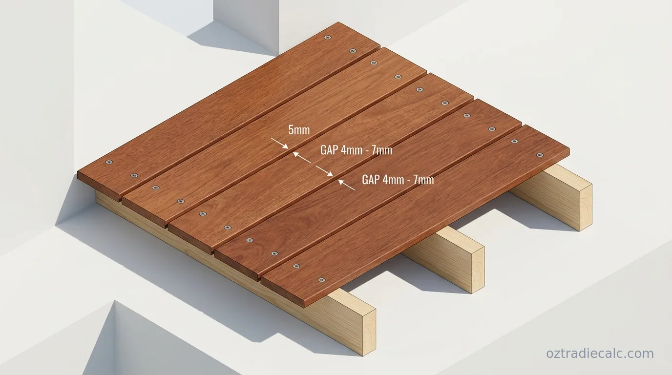 Merbau decking board spacing diagram showing 90mm and 140mm board gap dimensions, subfloor timber joists, countersunk screws, and expansion allowances