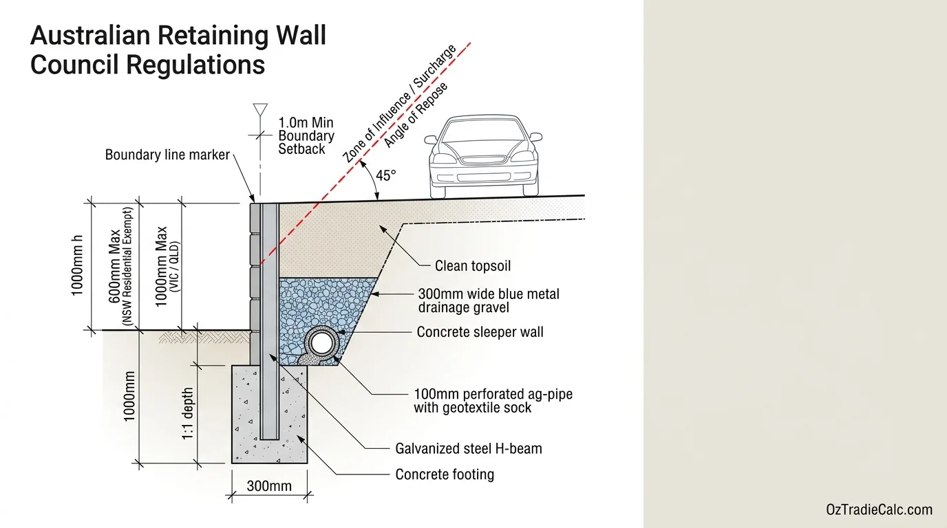 Australian retaining wall council regulations diagram showing NSW 600mm vs VIC 1000mm exempt limits, 1m boundary setback, 45 degree surcharge angle of repose, and ag-pipe drainage