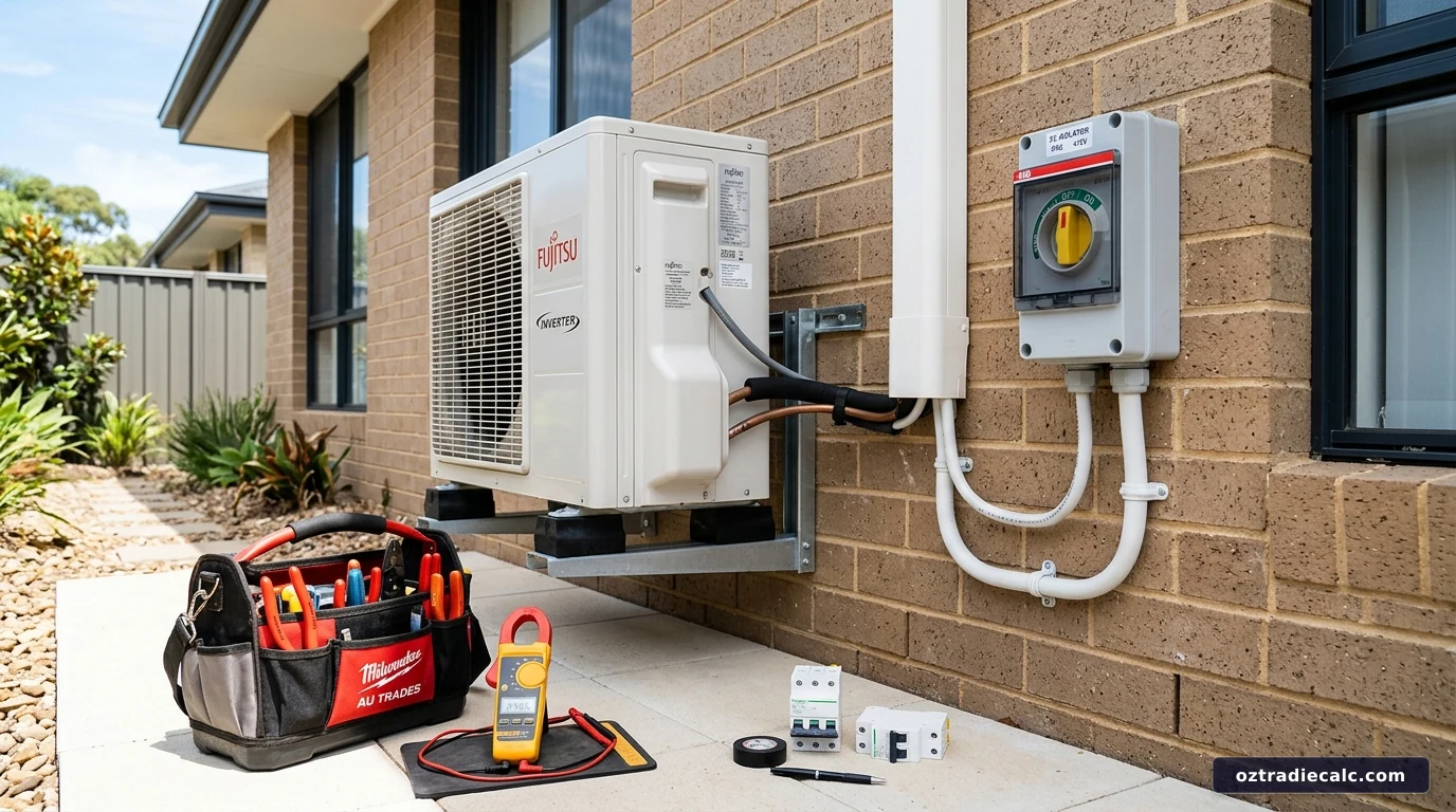 Split system air conditioner outdoor unit installation with IP66 rotary isolator switch and miniature circuit breaker